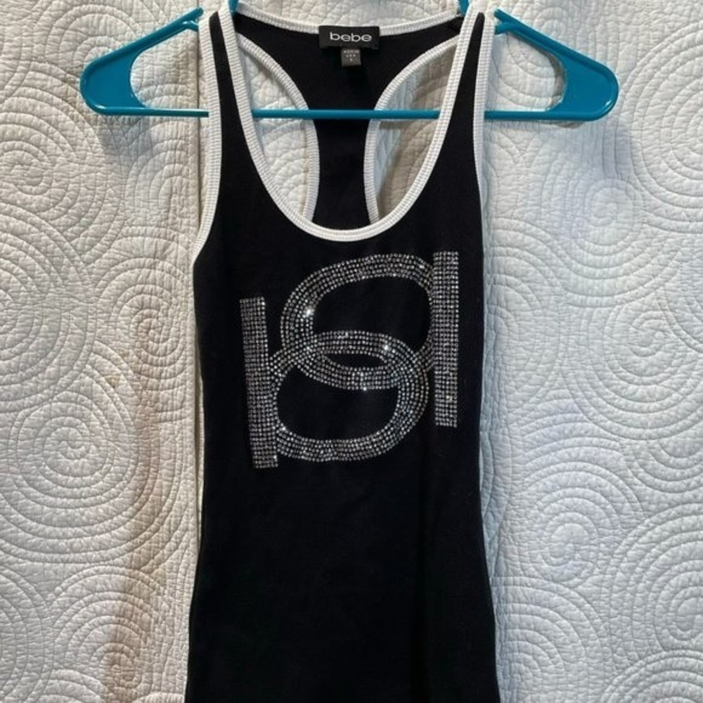 bebe Women's Racerback Sleeveless Rhinestone Embellished Tank Top Black Size S